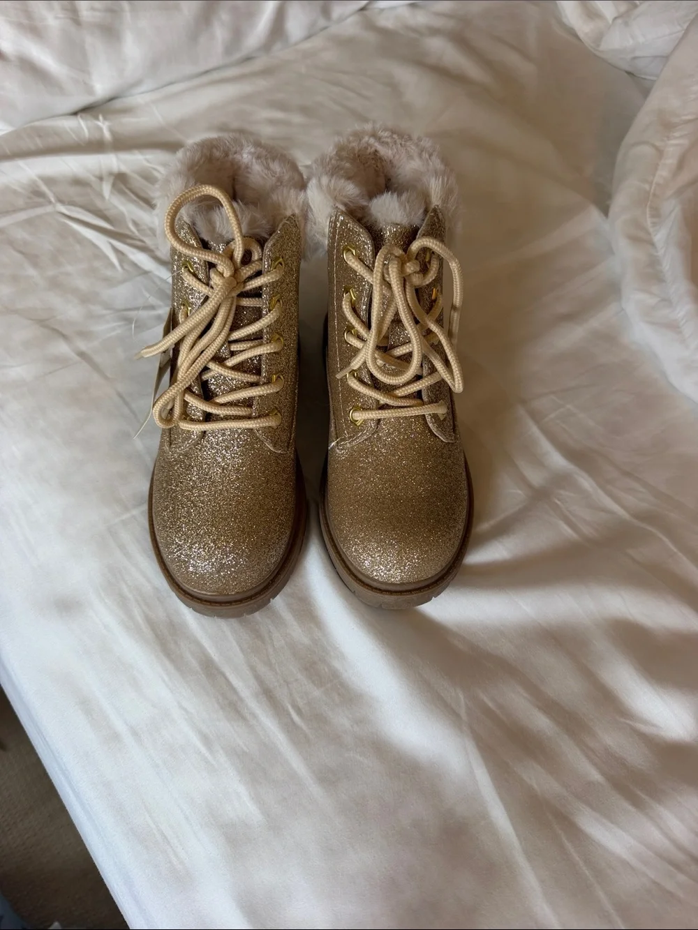 Thereabouts Gold Glitter Lace-Up Kids Winter Boots with Faux-Fur size 11